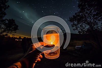 Enjoying glass of orange juice at campsite with cozy campfire and starry night sky. Generative AI. Stock Photo