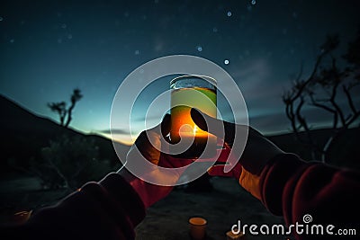 Enjoying glass of orange juice at campsite with cozy campfire and starry night sky. Generative AI. Stock Photo