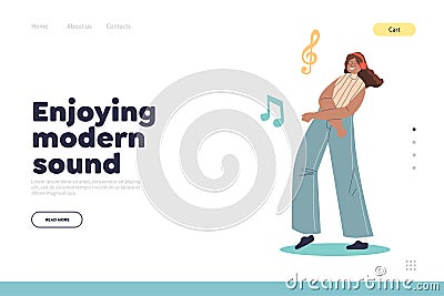 Enjoying modern sound concept of landing page with girl in headphones listen music smiling dancing Vector Illustration