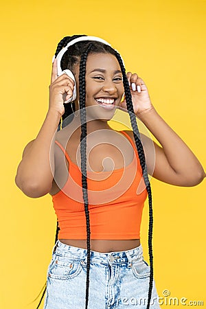 enjoying music audio device woman earphones Stock Photo