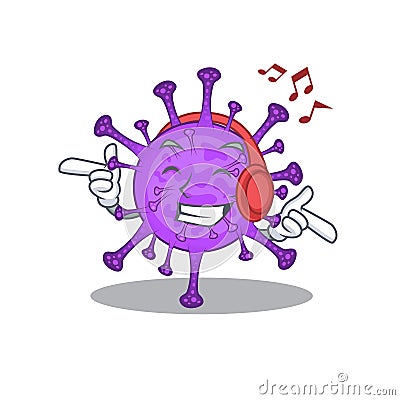 Enjoying music bovine coronavirus cartoon mascot design Vector Illustration
