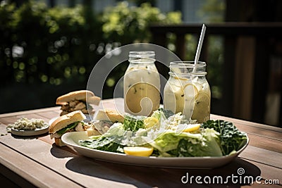 enjoying the perfect summer day with chicken caesar salad and refreshing lemonade Stock Photo
