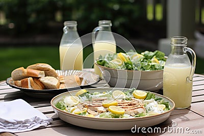 enjoying the perfect summer day with chicken caesar salad and refreshing lemonade Stock Photo