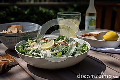 enjoying the perfect summer day with chicken caesar salad and refreshing lemonade Stock Photo