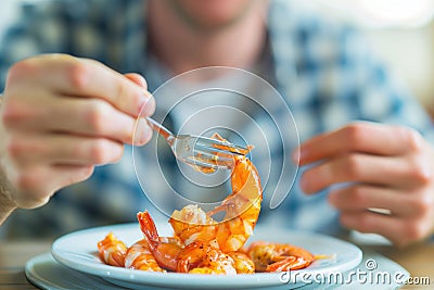 Enjoying seafood: Man savors boiled shrimp at home Stock Photo