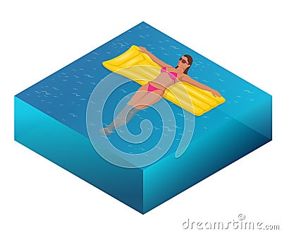 Enjoying suntan concept. Summer Vacation. Isometric woman in bikini on the yellow air mattress in the big swimming pool Vector Illustration