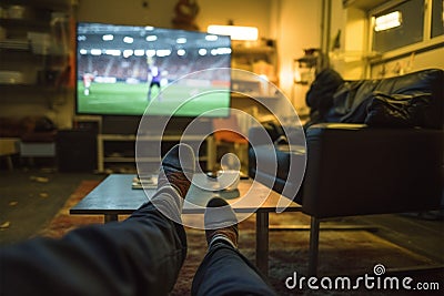 Enjoying a televised soccer match, feet up for ultimate relaxation Stock Photo