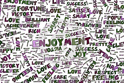 Enjoyment, abstract positive emotion word cloud illustrations background. Concept, decoration, drawing & words. Vector Illustration