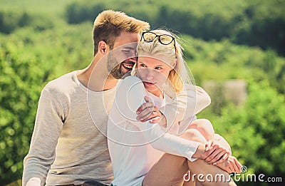 Enjoyment. Summer romance. Family love. Love story. Romantic relations. Couple in love. Man and woman sunny day outdoors Stock Photo