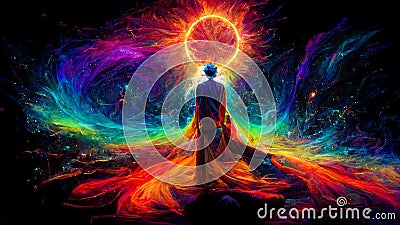 Enlightened being projecting the power of intention into the universe Stock Photo