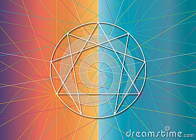 Enneagram icon, sacred geometry, diagram logo template, universal energy symbols vector illustration isolated on colorful banner Vector Illustration