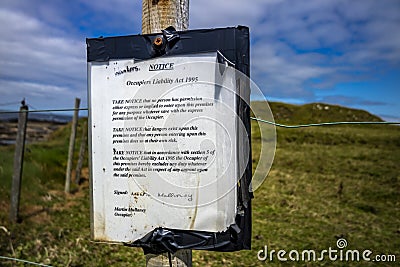 Enniscrone, County Sligo, Ireland - July 15 2022 : Sign explaining the Occupiers Liability Act 1995 Editorial Stock Photo