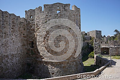Enormous ancient walls of Rhodes. Medieval city in Rhodes town, Greece Stock Photo