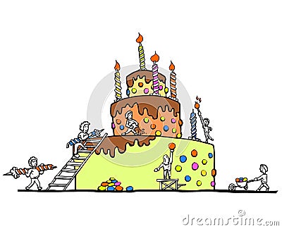 Enormous birthday cake - white background Cartoon Illustration