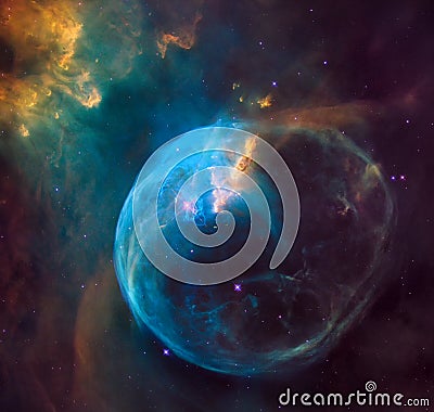 enormous bubble being blown into space by a super-hot, massive star. Hubble image of the Bubble Nebula. Stock Photo