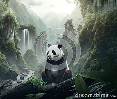 Enormous Chinese Panda in a Bamboo Forest: A Mystical, Magical, and Enchanting Scene Stock Photo