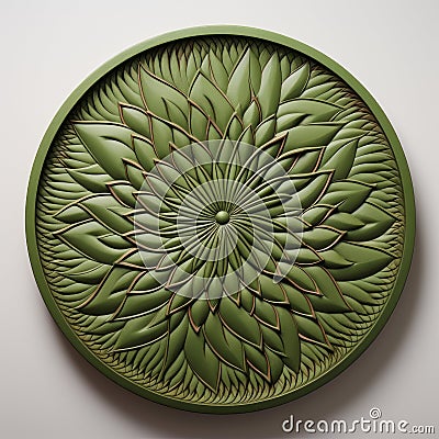 Hyperrealistic Sculpture: Green Plate With Leaf Decoration Cartoon Illustration