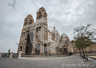 Enormous Marseilles Cathedral foreground in a cloudy day Stock Photo