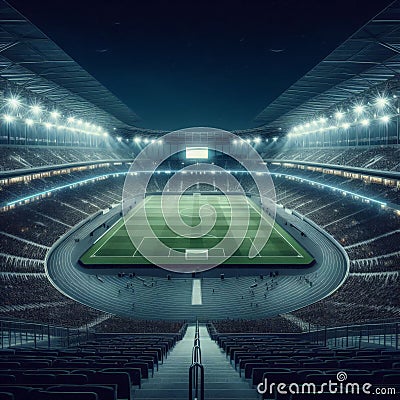 Enormous sports stadium with soccer field Stock Photo