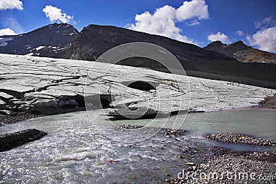 Enormous thawing glacier. A stream of thawed snow Stock Photo