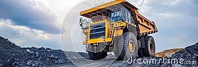 Enormous yellow coal mining truck operating in expansive open pit coal extraction area Stock Photo