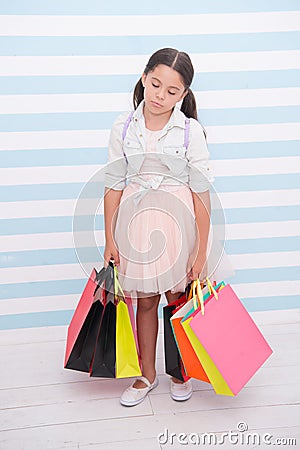 Enough for her. Girl tired sleepy carry bunch paper bags. Exhausting shopping routine. Prepare for school season buy Stock Photo