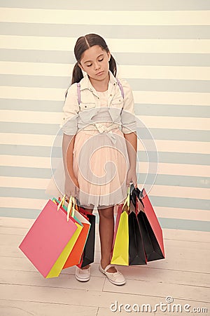 Enough for her. Girl tired sleepy carry bunch paper bags. Exhausting shopping routine. Prepare for school season buy Stock Photo