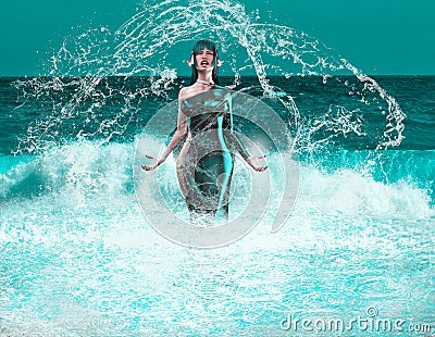 Enraged Anime Water Goddess Rising from the Ocean Stock Photo