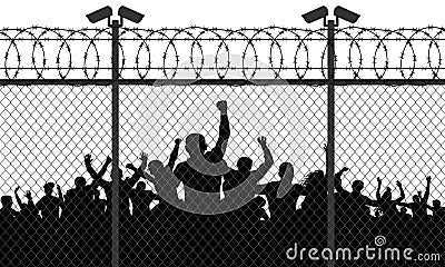 Enraged crowd of people are behind bars. Vector Illustration