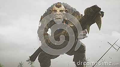 An enraged troll strikes his enemy with his battle club. Fantasy Medieval Concept. A giant troll on a wild island. 3D Stock Photo