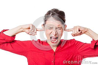 Enraged young woman to refuse listening problems Stock Photo