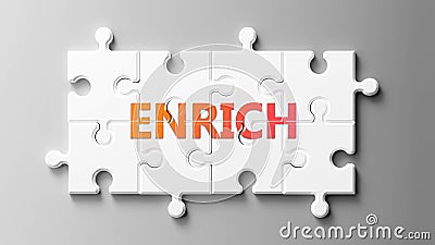 Enrich complex like a puzzle - pictured as word Enrich on a puzzle pieces to show that Enrich can be difficult and needs Cartoon Illustration