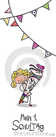 Enrollment - First Day of school - Cute schoolgirl with unicorn school cone excited to go to school Vector Illustration