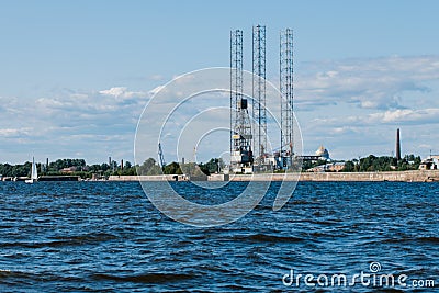 Ensco 101 floating drilling rig,drilling cranes,vessels and mining platforms in Kronstadt on Navy Day.Kronstadt Marine Stock Photo