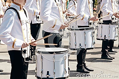 The ensemble of drummers in white ceremonial dress Editorial Stock Photo