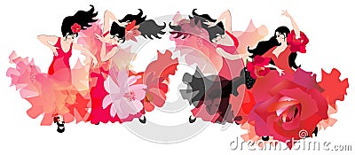 The ensemble of Spanish dance. Four beautiful black-haired girls in red dresses dancing flamenco. Luxury composition Vector Illustration