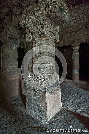 Ensiant Decorative Carving On The Pillars Of Aurangabad Buddhist Caves Editorial Stock Photo