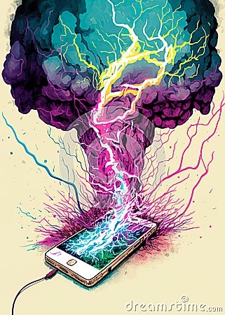 Enslaved by thechnology. Smartphone controling human brain. Mind control, Phone addiction, Brainwashed concept. Generative Ai Stock Photo