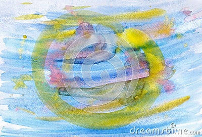 Yellow symbol of Japanese ideal circle in pink and blue stripes space Stock Photo