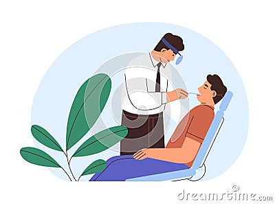 ENT doctor checking throat. Patient at audiologist office. Man visiting otolaryngologist for medical checkup. Person at Vector Illustration