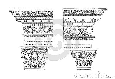 Entablatures from a temple in Baalbek | Antique Architectural Illustrations Stock Photo