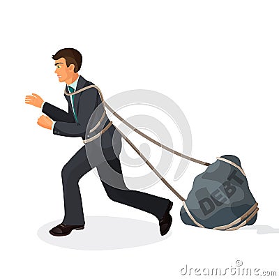 Entangled in ropes businessman pulls stone burden with name debt. Vector Illustration