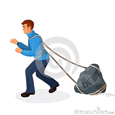 Entangled in ropes businessman pulls stone burden with name debt. Vector Illustration