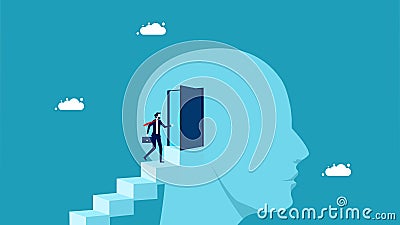 enter the door in the head. Understand the human mind. businessman enters the head through the door Vector Illustration