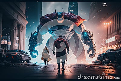 crafted action-packed battleMonstrous Battle: Superheroes vs Giant Beast in Unreal Engine 5 with Hyper-Detailed Attentio Stock Photo