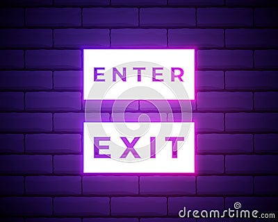 Enter and exit neon sign, bright signboard, light banner. Enter symbol. Exit sign. Vector illustration isolated on brick Vector Illustration