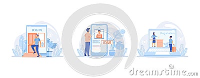 Enter login and password. Registration page on screen. Sign in to your account, Login page. Mobile app with user page. User Vector Illustration