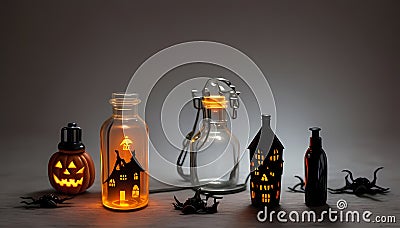 Bottled Halloween: Spooky Miniature World in Glass Stock Photo