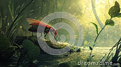 Red cockroach on green moss in the forest. 3d rendering Stock Photo