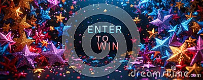 Enter to Win bold 3D text surrounded by vibrant multicolored stars, symbolizing contest, sweepstakes, rewards, chance, and Stock Photo